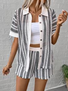 Breezaya Conjunto de mujer de blusa tejida de manga corta simple y pantalones cortos casuales, uso diario