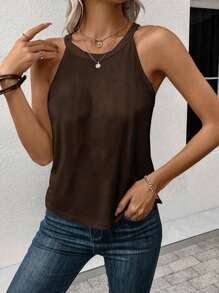 SHEIN LUNE Women Casual Tight-Fitting Halter Neck Cami Top Suitable For Summer - Brown - View 3