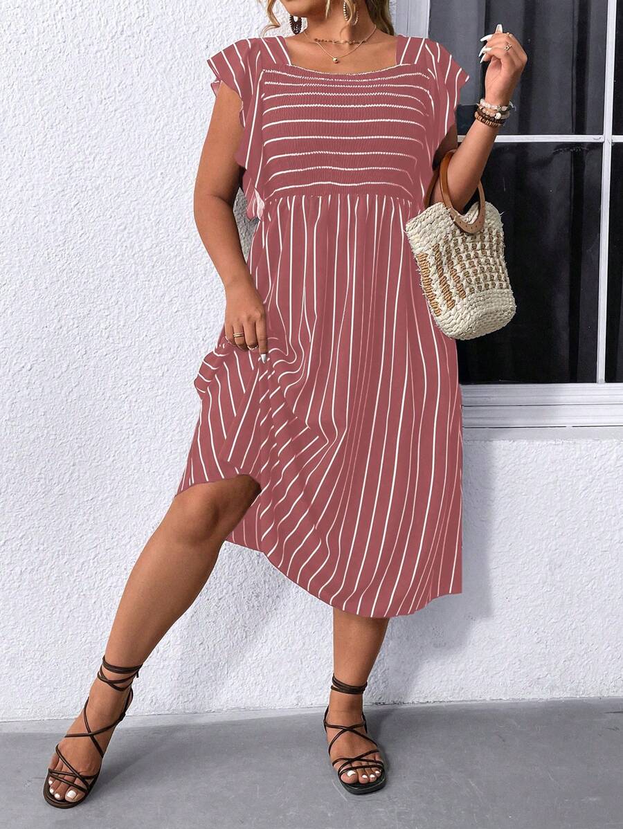 SHEIN LUNE Plus Size Striped Colorblock Ruffle Hem Vacation Casual Dress