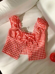 Comfortcana Chemisier pour femmes à carreaux imprimés à lacets et à manches courtes pour le printemps/été - Rouge - Voir 1