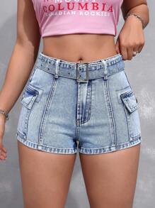 SHEIN EZwear Women's Slim Fit Mini Denim Shorts With Cargo Pockets, Summer