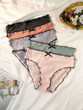 5入組加大尺碼女士蝴蝶結裝飾底褲