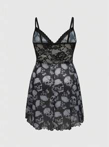 ROMWE Plus Size Gothic Distressed Skull Allover Print Dress - Multicolor - View 2
