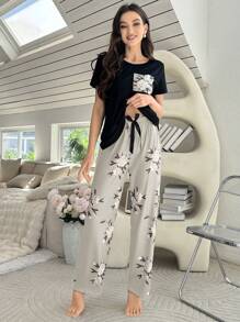 Color Block Floral Printed Short Sleeve And Long Pants Pajama Set - Black - View 3