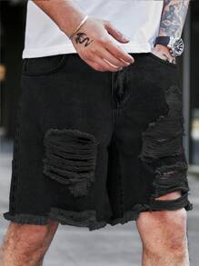 Manfinity LEGND Men Loose Fit Ripped Raw Hem Denim Shorts Distressed Design Jorts