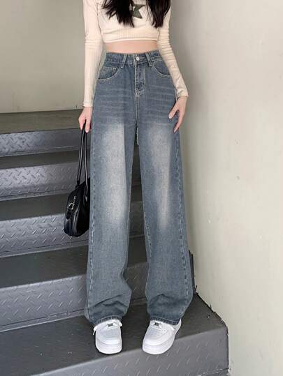 Women's Casual Wide Leg Loose Jeans With Pockets For Everyday Travel