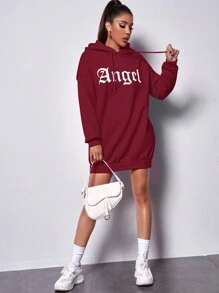 EURMUSE Letter Graphic Drawstring Hooded Sweatshirt Dress - Redwood - View 3