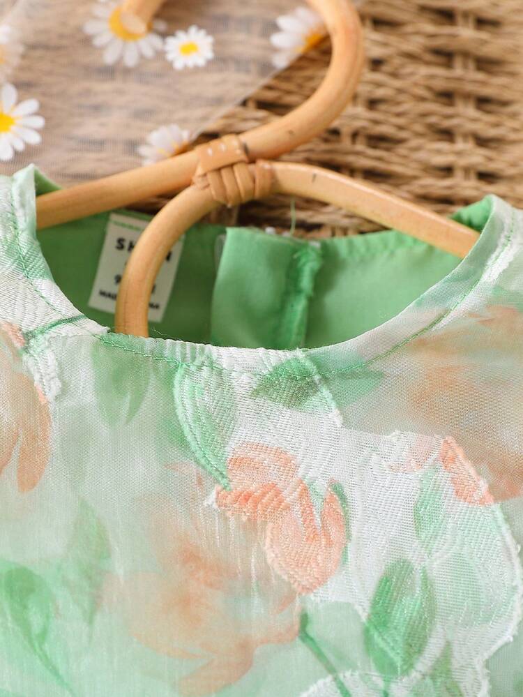 Baby Girl Female's Elegant Flowery Fresh Green Mesh Puff Sleeve Gorgeous Dress, Cute For Spring/Summer