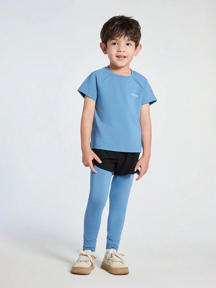 Young Boy Letter Printed Short Sleeve Top With Color Block 2 In 1 Design Leggings Sports Set
