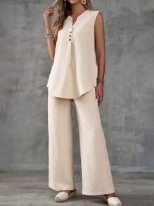 EMERY ROSE Set di canotta senza maniche in tessuto a trama e pantaloni a gamba larga con design a fessura con bottoni per donne