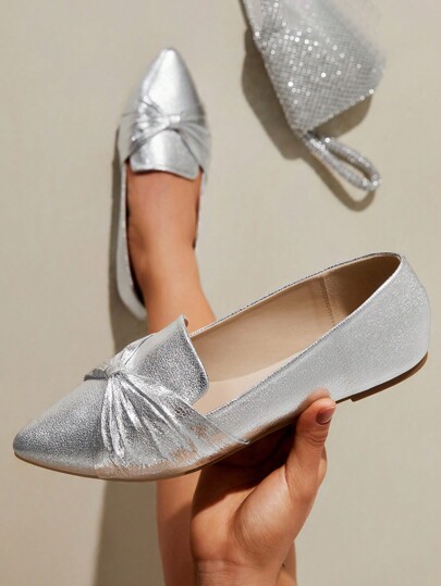 CUCCOO CHICEST Woman Shoes Fashionable Silver Flat Shoes With Bowknot Wedding Shoes For Summer Vacation Shoes Summer Spring Shoes Spring Break Easter