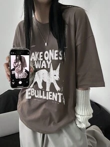 DAZY 女士動物印花寬鬆街頭風短袖T恤 - 棕色 - 查看 2