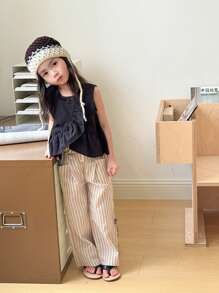 SHEIN 青少女條紋紙袋腰寬腿休閒長褲，適用於度假 - 白色 - 查看 6