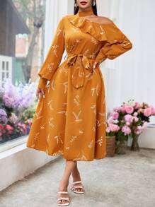 Modelyn Elegant Vacation Style Asymmetrical Collar Plant Print Ruffle Trim Long Sleeve Dress - Yellow - View 3