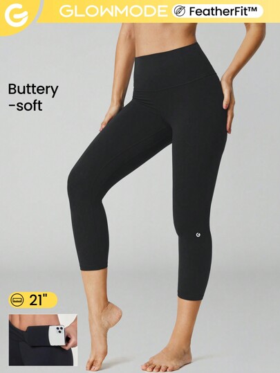 بنطلون يوجا قصير 21 بوصة بملاءمة رائعة ونسيج سلس غير شفاف يسيطر على البطن بجيب خفي عند الخصر