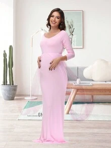 JustVH Robe longue de maternité à manches longues en maille, convenant pour les séances photo de bébé et les fêtes de baby shower, rose printemps - Rose bonbon - Voir 4
