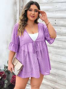 SHEIN LUNE Luźne kimono damskie plus size z rozszerzanymi rękawami i wiązaniem w talii na lato - Wrzosowy - Zobacz 3