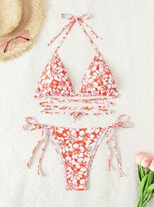 SHEIN Swim 女性花卉印花領結性感比基尼套裝，適用於度假，隨機印花 - 粉色 - 查看 3