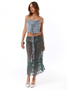 MUSERA Slinky Lace Up Tie Front Top Summer Solid Color Cami Summer Ibiza Summer Holiday Ibiza Festival Spring Vacation - Grey - View 4