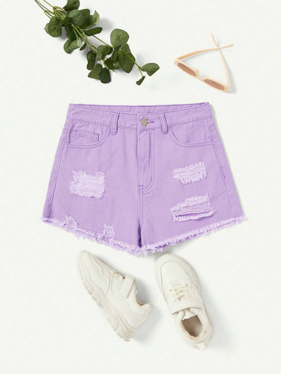 SHEIN 青少年女生牛仔短褲，設有口袋，破洞設計和鬆散的下擺 - 紫色 - 查看 1