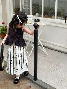 SHEIN Conjunto de top sin mangas con volantes de moda para niña joven y pantalones anchos - Blanco y Negro - Ver 7