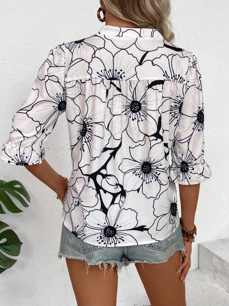 Floral Print Contrast Lace V-Neck Blouse