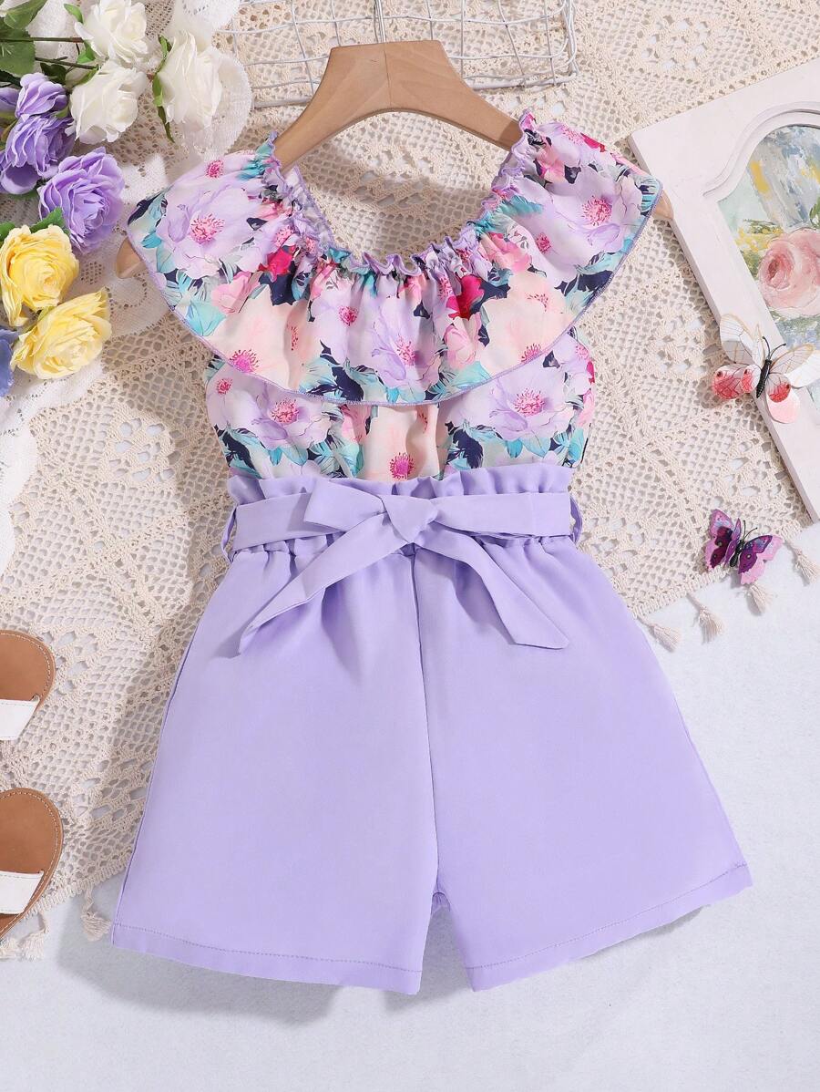SHEIN Conjunto casual de blusa sin mangas con volante impresa con flores y pantalon corto de unicolor para niña preadolescente en vacaciones - Morado - Ver 1
