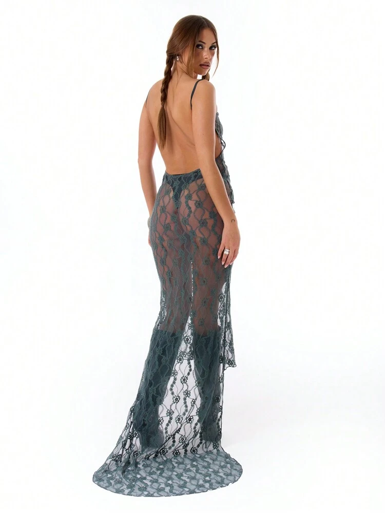 Sheer Lace Overlay High-Low Hem Maxi Slip Dress Elegant Spring Summer Vacation Party Ibiza Outfit, Holiday, Club Outfit, Holiday Long Dress