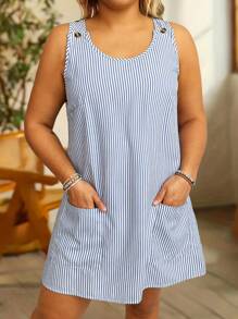 Đầm Plus Size Mùa Hè Nữ Sọc Cổ Tròn Không Tay Thường Ngày Có Túi Đôi - Xanh và trắng - Xem 1
