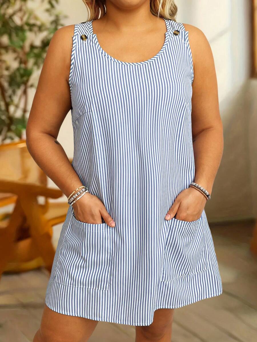 Đầm Plus Size Mùa Hè Nữ Sọc Cổ Tròn Không Tay Thường Ngày Có Túi Đôi - Xanh và trắng - Xem 1