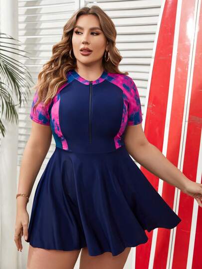 SHEIN Swim Curve 夏季海滩大码女式印花拼接半拉链前开拉链运动泳衣