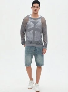 Manfinity EMRG Men's Crochet Simple Solid Color Hollow Out Long Sleeve Knitwear