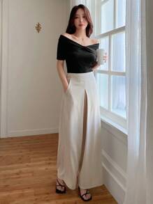 DAZY Women's Summer Solid Color Off Shoulder Twist Short Sleeve T-Shirt For Chest,Crop Tops Women Going Out Tops Women - Black - View 2