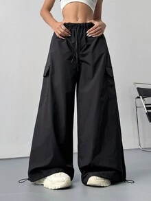 SHEIN EZwear Women's Woven Black
Casual Long Pants - Black - View 4