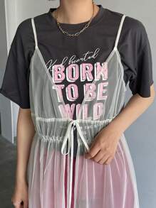 FRIFUL Semi-transparante, eenvoudige dagelijkse mesh-jurk voor dames, met ruches - Beige - Bekijken 8