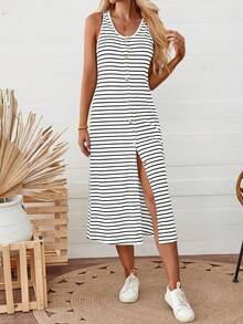 SHEIN LUNE Váy không tay sọc đơn giản có nút trang trí và viền xẻ tà dành cho nữ - Đen và trắng - Xem 6