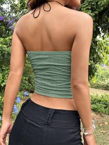 SHEIN EZwear 夏日出行織眼紋白色緊身無肩帶背心上衣 - 橄欖綠 - 查看 3