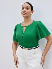 BizChic Áo sơ mi xanh lá cây thường ngày dáng rộng, cổ khoét sâu, tay bèo nhún cỡ lớn dành cho nữ mùa hè - màu xanh lá - Xem 4