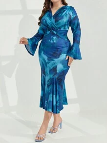 Modelyn 大尺碼女士時尚印花長袖連衣裙 - 彩色 - 查看 6