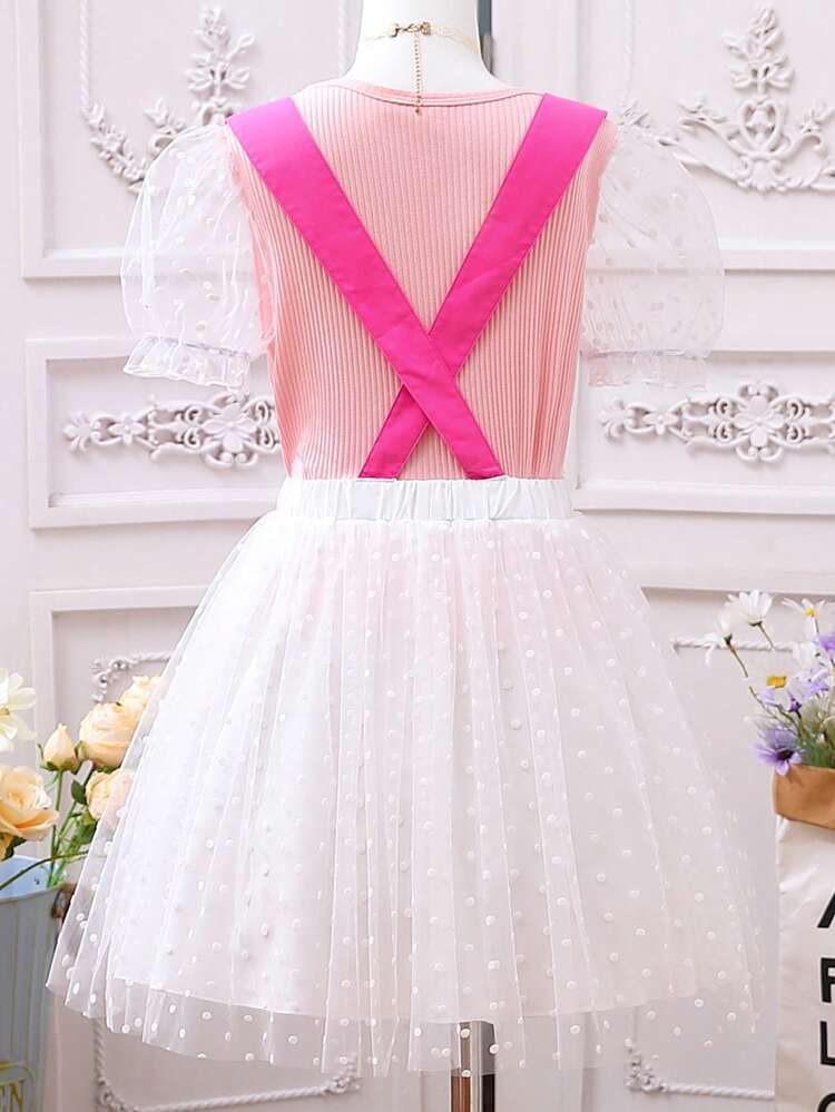 Tween Girl Elegant Polka Dot Mesh Puff Sleeve Top And Suspender Skirt Set With Color Block Design, Summer
