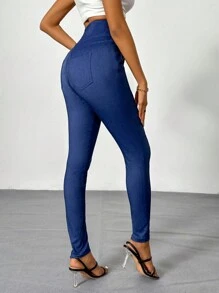 SHEIN Privé Women's Daily Elegant Basic Simple High-Waisted Skinny Jeans With Denim Effect Pockets And Button Detail