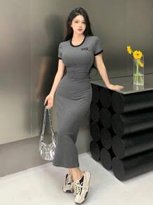 DAZY Váy chữ A tay ngắn phối màu có viền tương phản, váy mùa hè cho nữ, váy thường ngày - Màu xám đen - Xem 6