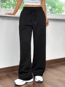 SHEIN EZwear 夏季家居運動黑色寬腿寬鬆運動長褲 - 黑色 - 查看 6