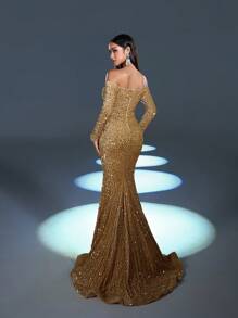 Faeriesty Đầm dạ hội trễ vai đính sequin viền đuôi cá - Rượu sâm banh - Xem 2
