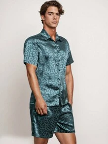 Men's Spring/Summer Leisure Jacquard Short Sleeve Shirt Set - Dark Green - View 3