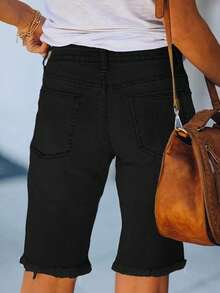 Straight Leg Cropped Frayed Hem Jeans - Black - View 2