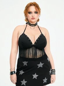 ROMWE Grunge Punk Plus Size Metal Eye Triangle Cup & Tassel Detail Halter Neck Bralette - Black - View 6