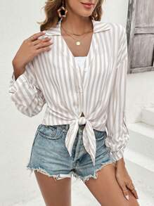 SHEIN Frenchy 女士條紋印花麻質休閒長袖襯衫，配有鈕扣式領 - 杏色 - 查看 6