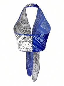 INAWLY 女士彩色拼接撞色毛球鑲邊綁頸上衣,印花圖案有花呢紋理