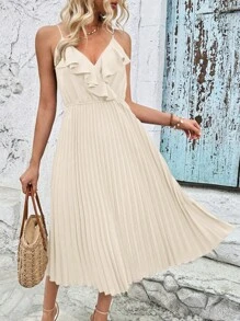 SHEIN Clasi Kỳ nghỉ Giải trí Váy xếp li Ruffle Hem màu rắn Váy dây đeo Spaghetti - Rượu sâm banh - Xem 6